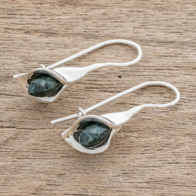 Jade drop earrings, 'Dark Green Calla Lilies' - Silver and Jade Floral Drop Earrings from Guatemala