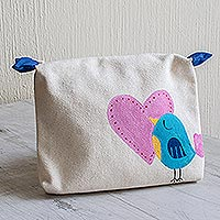 Cotton cosmetic bag, 'Lovey Dove' (7 inch) - Hand-Painted 7 Inch Ivory Cotton Bird Theme Cosmetic Bag