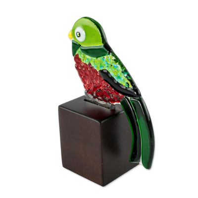 Art glass figurine, 'Guatemalan Bird' - Fused Art Glass Quetzal Bird Figurine from El Salvador