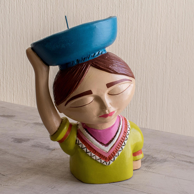 Ceramic candleholder, 'Panchita' - Colorful Salvadoran Ceramic Candleholder