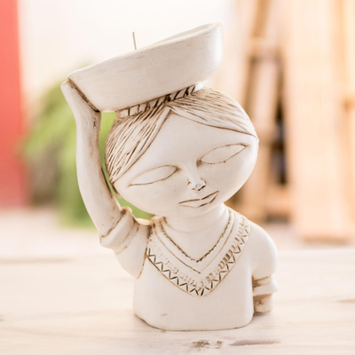Ceramic candleholder, 'Pancha' - Salvadoran Girl White Ceramic Candleholder