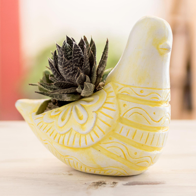 Blumentopf aus Terrakotta, 'Tropischer Kanarienvogel'. - Gelber kanarischer Keramik-Blumentopf aus El Salvador