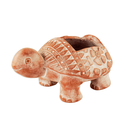 Blumentopf aus Terrakotta, 'Fröhliche Braune Schildkröte'. - Blumentopf mit brauner Keramikschildkröte aus El Salvador