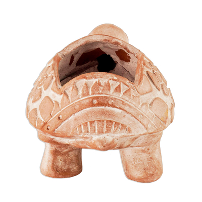 Terracotta flower pot, 'Cheerful Brown Turtle' - Brown Ceramic Turtle Flower Pot from El Salvador