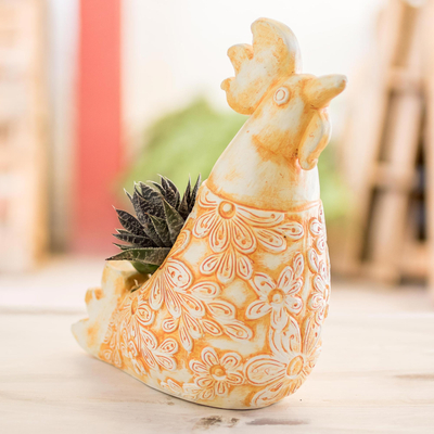 Terracotta flower pot, 'Proud Ginger Rooster' - Orange Ceramic Rooster Flower Pot from El Salvador