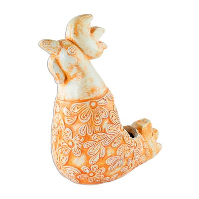 Terracotta flower pot, 'Proud Ginger Rooster' - Orange Ceramic Rooster Flower Pot from El Salvador