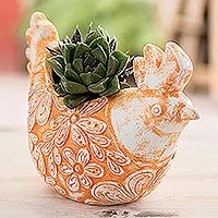 Terracotta flower pot, 'Roosting Ginger Hen' - Handcrafted Ceramic Orange Hen Flower Pot from El Salvador