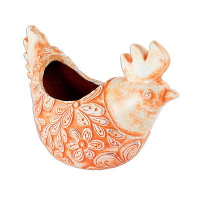 Terracotta flower pot, 'Roosting Ginger Hen' - Handcrafted Ceramic Orange Hen Flower Pot from El Salvador