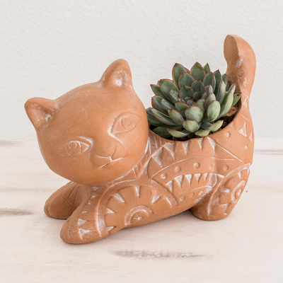 Maceta de terracota - Macetero de cerámica con tema de gato marrón salvadoreño
