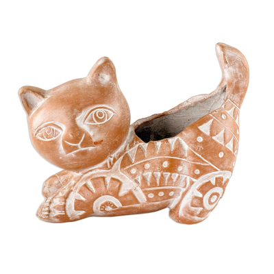 Blumentopf aus Terrakotta, 'Kitty Cat Stretches - Salvadorianische braune Katze Thema Keramik Blumentopf