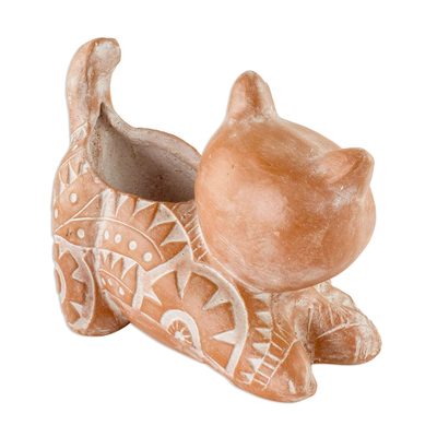 Terracotta flower pot, 'Kitty Cat Stretches' - Salvadoran Brown Cat Theme Ceramic Flower Pot