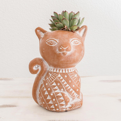 Terracotta flower pot, 'Kitty Cat Sits' - Salvadoran Handcrafted Ceramic Cat Flower Pot