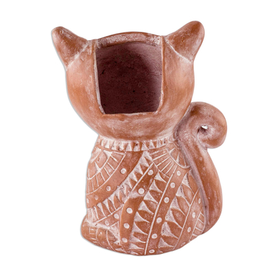 Blumentopf aus Terrakotta, 'Kitty Cat Sits' - Salvadorianischer handgefertigter Keramik-Katzenblumentopf
