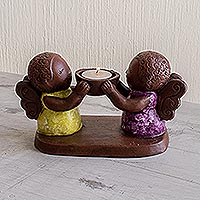 Ceramic tealight candleholder, 'Angel Duo' - Ceramic Tealight Candleholder with Two Little Angels