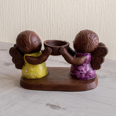 Ceramic tealight candleholder, 'Angel Duo' - Ceramic Tealight Candleholder with Two Little Angels