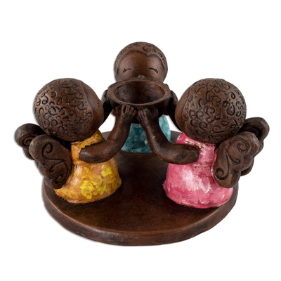 Portavelas de cerámica - Candelabro candelita ángel de cerámica salvadoreña