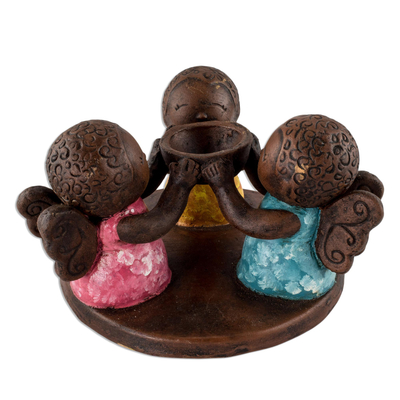 Ceramic tealight candleholder, 'Angel Trio' - Salvadoran Ceramic Angel Tealight Candleholder