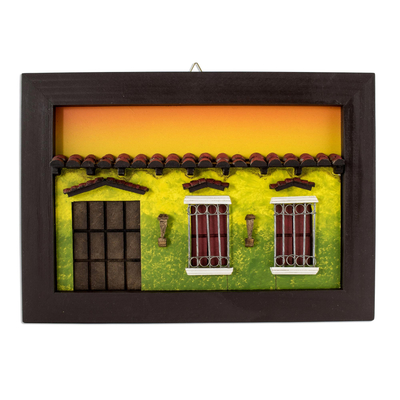 Wood diorama, 'El Salvador Memories' - Framed Wood Low Relief Traditional Home Façade Diorama