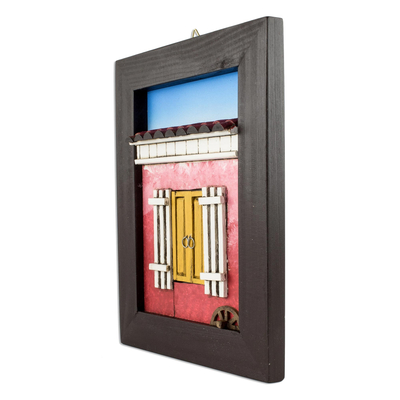 Wood diorama, 'Nostalgia' - Framed Wood Low Relief Red Country House Diorama