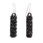 Glass beaded dangle earrings, 'Black Pillars' - Pillar-Shaped Black Glass Beaded Dangle Earrings
