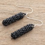 Glass beaded dangle earrings, 'Black Pillars' - Pillar-Shaped Black Glass Beaded Dangle Earrings