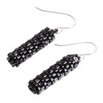 Glass beaded dangle earrings, 'Black Pillars' - Pillar-Shaped Black Glass Beaded Dangle Earrings