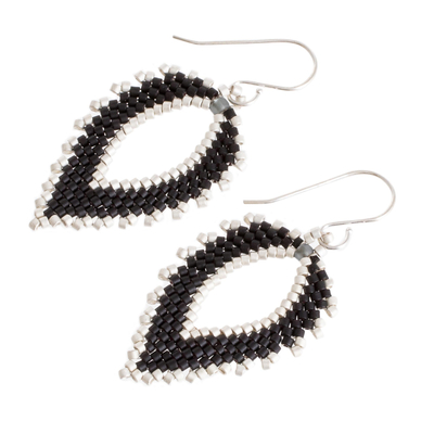 Glass beaded dangle earrings, 'Leafy Subtlety' - Black and White Glass Beaded Dangle Earrings