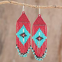 Glass beaded waterfall earrings, 'Diamond Eyes' - Blue and Red Diamond Pattern Glass Beaded Waterfall Earrings
