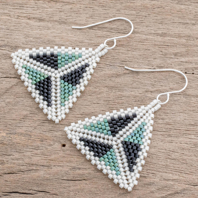 Glass beaded dangle earrings, 'Tri-Tone Triangles' - Tri-Tone Triangular Glass Beaded Dangle Earrings