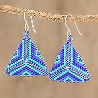 Glass beaded dangle earrings, 'Tribal Triangles' - Triangular Glass Beaded Dangle Earrings in Blue