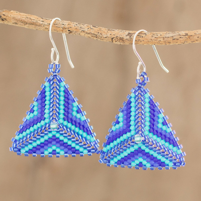 Glass beaded dangle earrings, 'Tribal Triangles' - Triangular Glass Beaded Dangle Earrings in Blue