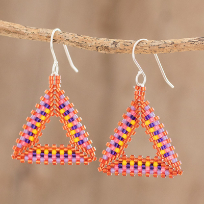 Glass beaded dangle earrings, 'Psychedelic Prisms' - Psychedelic Triangular Glass Beaded Dangle Earrings