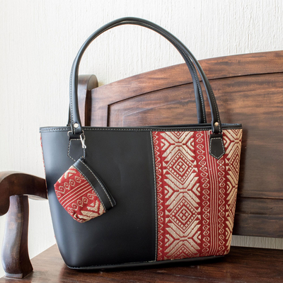 Handwoven cotton and faux leather shoulder bag, 'Feminine Subtlety in Red' - Black Faux Leather and Woven Cotton Shoulder Bag