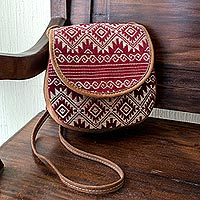 Handwoven cotton and faux suede sling, 'Feminine Subtlety in Red' - Hand Woven Red and Beige Cotton Sling Bag