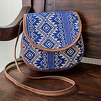 Handwoven cotton and faux suede sling, 'Feminine Subtlety in Blue' - Blue and Beige Cotton Sling Bag from Guatemala