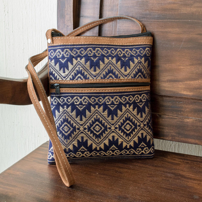 Cotton and faux suede sling, 'Sweet Journey in Navy' - Hand Woven Cotton Sling Bag and Passport Holder