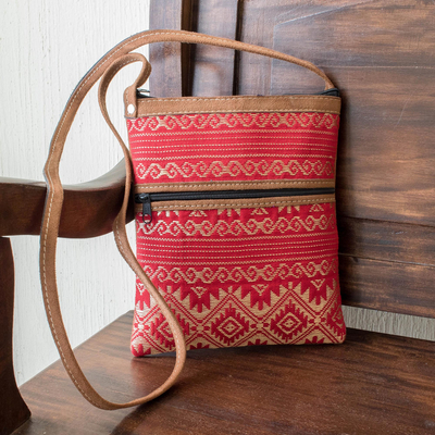 Cotton and faux suede sling, 'Sweet Journey in Red' - Red and Beige Handwoven Cotton Sling
