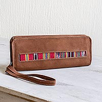 Cotton-accented faux suede wristlet, 'Jocotenango Stripe in Red' - Artisan Crafted Faux Suede Checkbook Wallet Wristlet