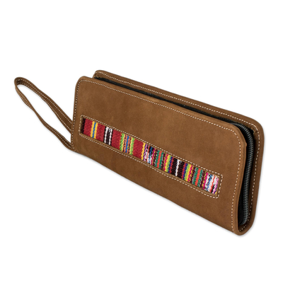 Cotton-accented faux suede wristlet, 'Jocotenango Stripe in Red' - Artisan Crafted Faux Suede Checkbook Wallet Wristlet