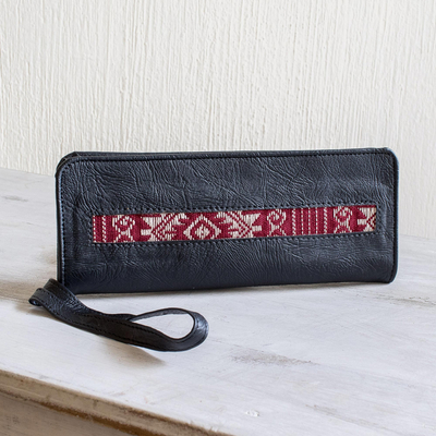 Cotton-accented faux leather wristlet, 'Jocotenango Crimson' - Black Faux Leather Checkbook Wallet Wristlet