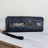 Cotton-accented faux leather checkbook wallet, 'Jocotenango Black' - Hand Crafted Black Faux Leather Wristlet