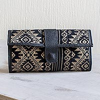 Handwoven cotton and faux leather wallet, 'Sweet Journey in Black' - Black and Wheat Cotton and Faux Leather Wallet