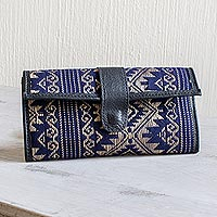 Handwoven cotton and faux leather wallet, Sweet Journey in Navy