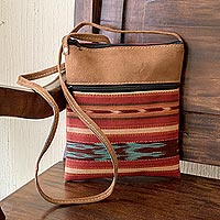 Handwoven cotton and faux suede sling, 'Thoughts of Autumn' - Cross Body Sling Hand Crafted of Cotton