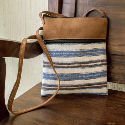Handwoven cotton and faux suede sling, 'Thoughts of Winter' - Blue Striped Sling Hand Crafted of Cotton from Guatemala