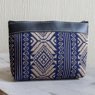 Handwoven cotton cosmetic bag, 'Sweet Journey in Navy' - Navy and Beige Hand Crafted Cotton Cosmetic Bag