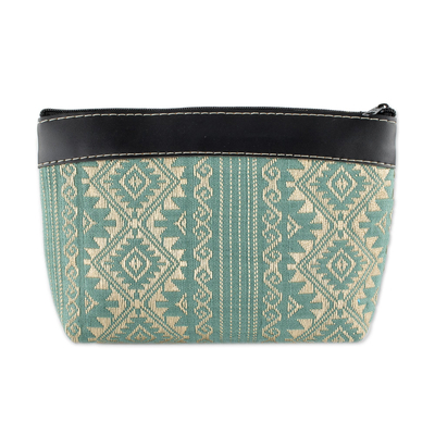 Handwoven cotton cosmetic bag, 'Sweet Journey in Aqua' - Hand Woven Cosmetic Bag in Aqua and Beige