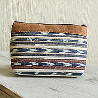 Handwoven cotton cosmetic bag, 'Antigua Azul' - Faux Suede Trimmed Cotton Cosmetic Bag