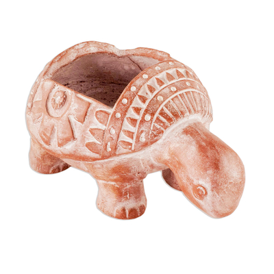 Terracotta flower pot, 'Busy Brown Turtle' - Busy Brown Ceramic Turtle Flower Pot from El Salvador