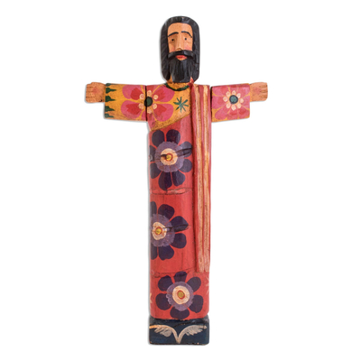 Hand-Painted Floral Wood Jesus Statuette from Guatemala